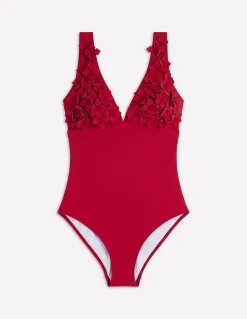 Boden Maillots De Bain-Maillot de bain à appliqués fleurs Rouge Mérida, appliqué