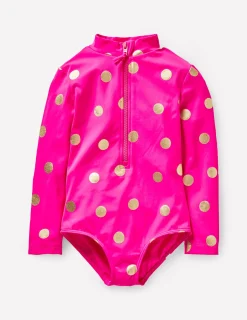 Boden Maillots & Tenues De Plage-Maillot de bain à manches longues Rose fuchsia, pois dorés métallisés