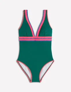 Boden Maillots De Bain-Maillot de bain col V Porto Vert mangrove, broderie