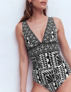 Boden Maillots De Bain-Maillot de bain col V Porto Noir, motif Geo Stamp