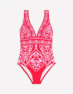 Boden Maillots De Bain-Maillot de bain col V Porto Rouge coquelicot, motif Ornamental Garden