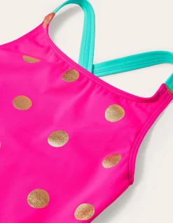 Boden Maillots & Tenues De Plage-Maillot de bain imprimé croisé dans le dos Rose fuchsia, pois dorés métallisés