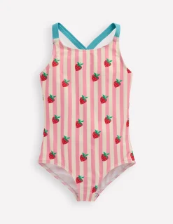 Boden Maillots & Tenues De Plage|Ensembles Assortis-Maillot de bain imprimé croisé dans le dos Rayé fraise rose