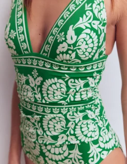 Boden Maillots De Bain-Maillot de bain Mykonos à encolure en V profonde Vert, motif Ornate Floret