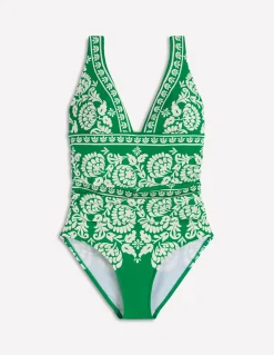 Boden Maillots De Bain-Maillot de bain Mykonos à encolure en V profonde Vert, motif Ornate Floret