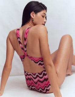 Boden Maillots De Bain-Maillot de bain Mykonos à encolure en V profonde Punch rose, vague zigzag