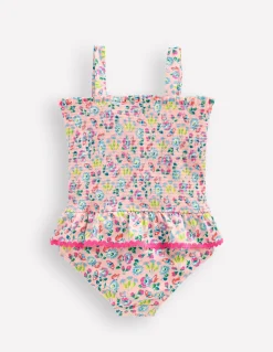 Boden Maillots & Tenues De Plage-Maillot de bain smocké à basque Motif floral papillon rose craie
