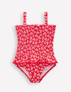 Boden Maillots & Tenues De Plage-Maillot de bain smocké à basque Motif Collage Hearts rouge rockabilly