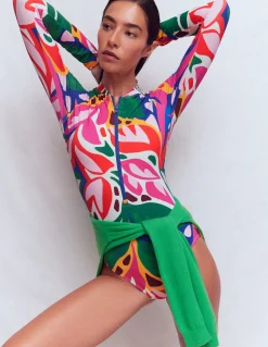 Boden Maillots De Bain-Maillot de bain sport à manches raglan Multi, motif Leafy Cascade