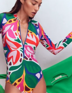 Boden Maillots De Bain-Maillot de bain sport à manches raglan Multi, motif Leafy Cascade