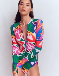 Boden Maillots De Bain-Maillot de bain sport à manches raglan Multi, motif Leafy Cascade