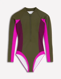 Boden Maillots De Bain-Maillot de bain sport à manches raglan Kaki, colourblock