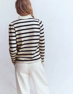 Boden Tops & T-Shirts-Marinière à col volanté Ivoire et Bleu Marine Rayé