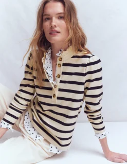 Boden Tops & T-Shirts-Marinière à col volanté Ivoire et Bleu Marine Rayé