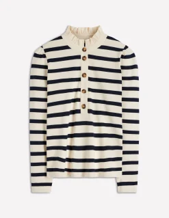 Boden Tops & T-Shirts-Marinière à col volanté Ivoire et Bleu Marine Rayé