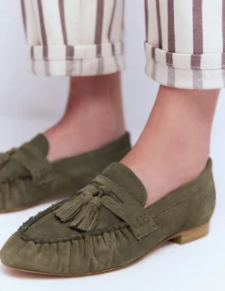 Boden Mocassins|Chaussures Plates-Mocassins souples à fronces Vert olive profond