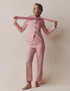 Boden Pantalons|Ensembles Assortis-Pantalon Canonbury en lin VICHY ROSE ANCIEN ET IVOIRE