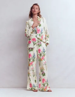 Boden Pantalons|Ensembles Assortis-Pantalon Kensington en lin Ivoire, motif Delicate Blossom