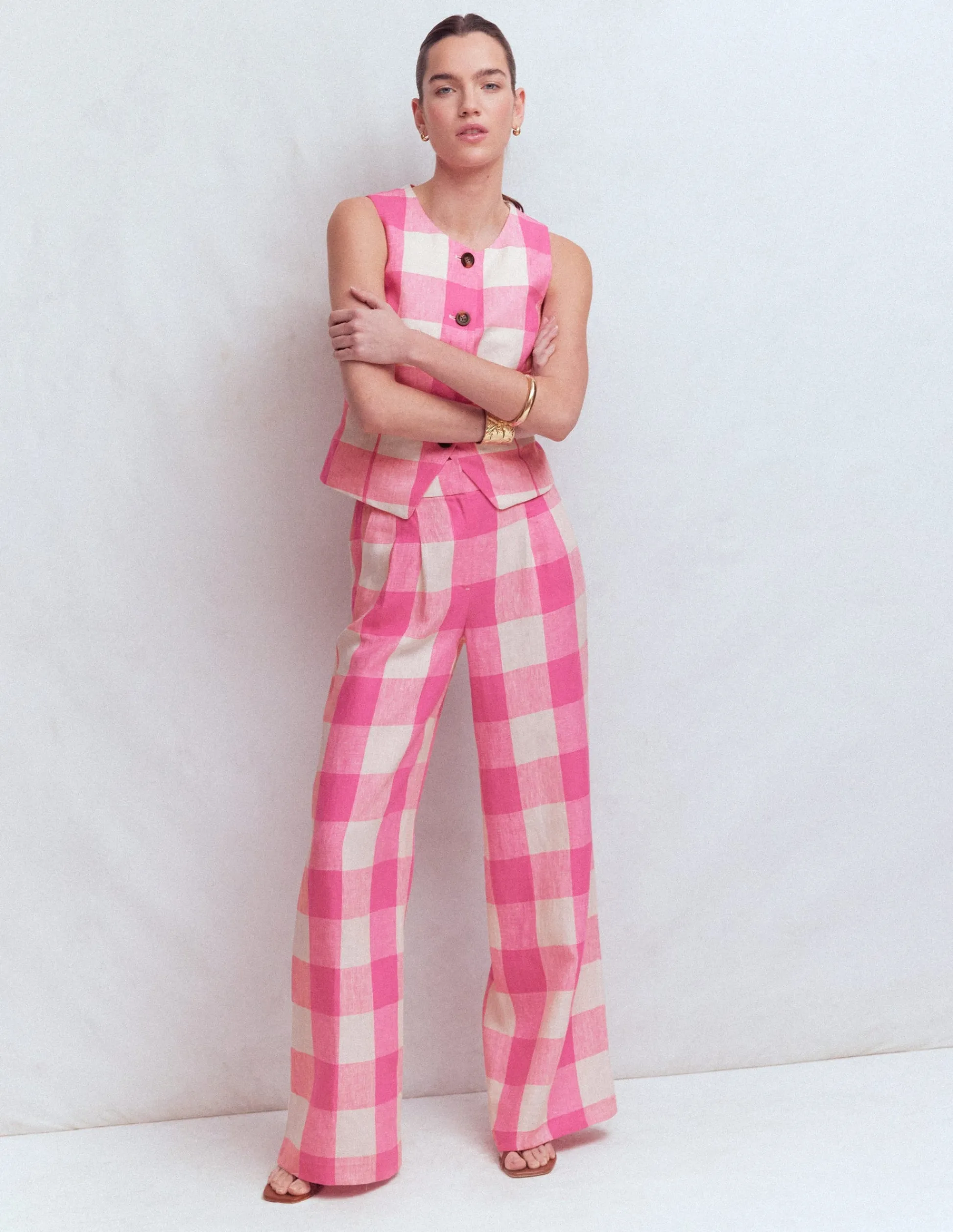 Boden Pantalons|Ensembles Assortis-Pantalon Kensington en lin Punch rose, vichy