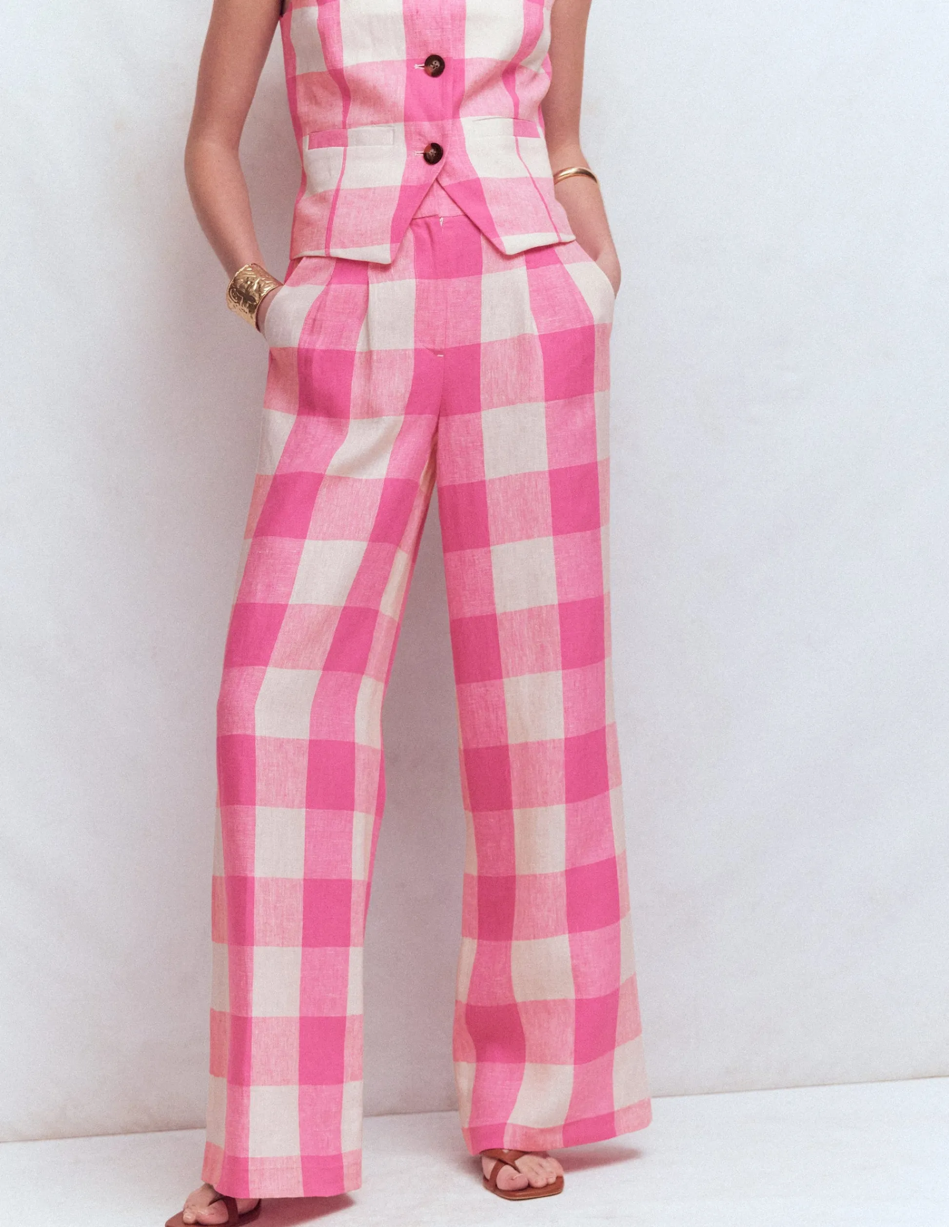 Boden Pantalons|Ensembles Assortis-Pantalon Kensington en lin Punch rose, vichy