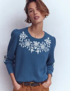 Boden Pulls & Gilets-Pull Davina à manches bouffantes Broderie bleu denim