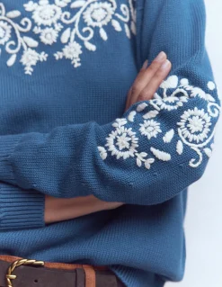 Boden Pulls & Gilets-Pull Davina à manches bouffantes Broderie bleu denim