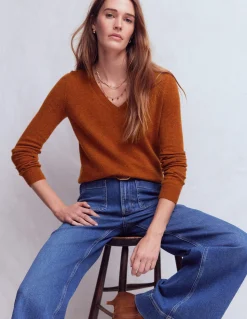 Boden Cachemire|Tenues De Travail-Pull Eva col V en cachemire Cognac chiné