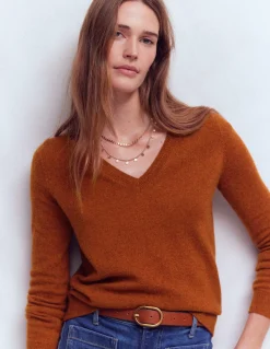 Boden Cachemire|Tenues De Travail-Pull Eva col V en cachemire Cognac chiné