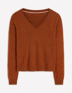 Boden Cachemire|Tenues De Travail-Pull Eva col V en cachemire Cognac chiné
