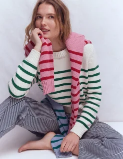 Boden Pulls & Gilets-Pull Lucy en coton épais Rayé ivoire et vert joyau