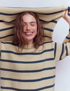 Boden Pulls & Gilets-Pull Lucy oversize en coton Rayé lait d’amande/bleu denim