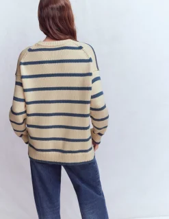 Boden Pulls & Gilets-Pull Lucy oversize en coton Rayé lait d’amande/bleu denim