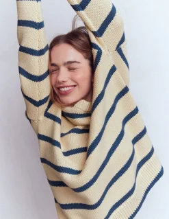 Boden Pulls & Gilets-Pull Lucy oversize en coton Rayé lait d’amande/bleu denim