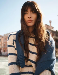 Boden Pulls & Gilets-Pull Lucy oversize en coton Rayé lait d’amande/bleu denim