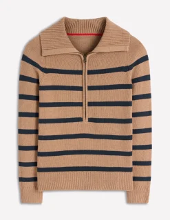 Boden Pulls & Gilets-Pull Lucy partiellement zippé Camel chiné, rayures bleu marine