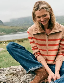 Boden Pulls & Gilets-Pull Lucy partiellement zippé Camel chiné, rayé rouge