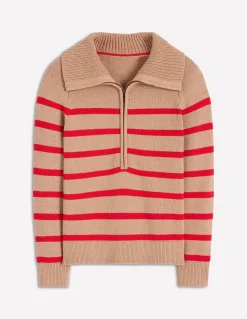 Boden Pulls & Gilets-Pull Lucy partiellement zippé Camel chiné, rayé rouge