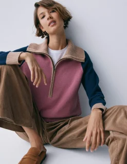 Boden Pulls & Gilets-Pull Lucy partiellement zippé Bruyère rose, bleu marine
