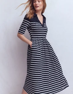 Boden Robes & Combinaisons|Midi-Robe à col Aria en jersey Bleu marine, rayé ivoire