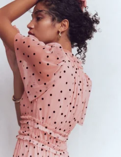 Boden Robes & Combinaisons|Longues-Robe col V volantée en tulle Ivoire, pois noirs