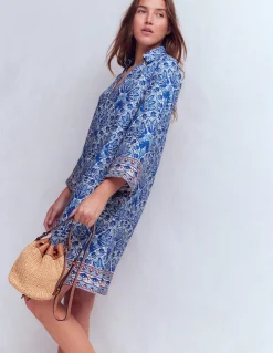 Boden Robes & Combinaisons|Robes Coupe Petite-Robe courte Carmen en lin Bleu vif, motif Elaborate Terrace