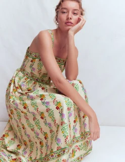 Boden Robes & Combinaisons|Midi-Robe de cérémonie à col carré Ivoire, motif Blossom Trail