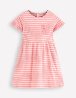 Boden Robes-Robe en jersey à poche et broderie anglaise Rayé rose amande