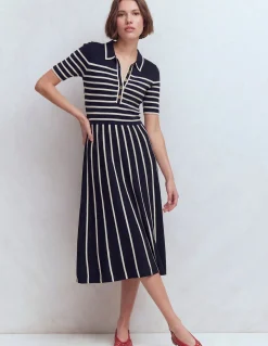Boden Tenues De Travail|Robes & Combinaisons-Robe en maille à col Rayé bleu marine foncé et ivoire
