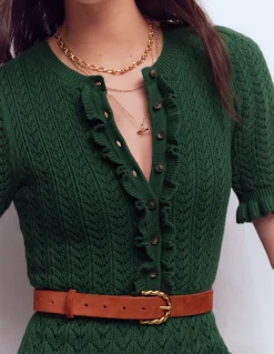 Boden Robes & Combinaisons|Midi-Robe en maille volantée à col tunisien Vert chasseur