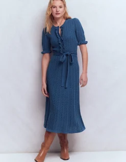 Boden Robes & Combinaisons|Midi-Robe en maille volantée à col tunisien Bleu denim
