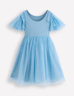 Boden Robes-Robe en tulle à manches courtes avec logo Roses bleu glacier