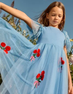 Boden Robes-Robe en tulle à manches courtes avec logo Roses bleu glacier