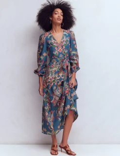 Boden Robes & Combinaisons|Longues-Robe Florence en lin mélangé Bleu, motif Enchanting Bouquet