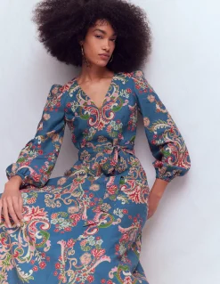 Boden Robes & Combinaisons|Longues-Robe Florence en lin mélangé Bleu, motif Enchanting Bouquet